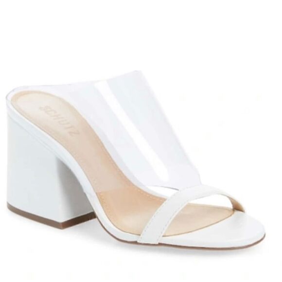 Schutz Raira block heel sandal in white/transparent - Picture 1 of 7